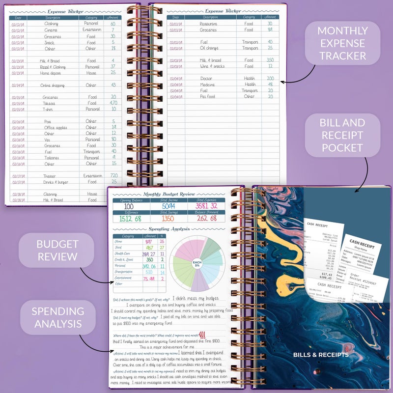 GoGirl Budget Planner & Monthly Bill Organizer â€“ Monthly Financial Book with Pockets. Expense Tracker Notebook Journal, Compact (Purple) - Image 4